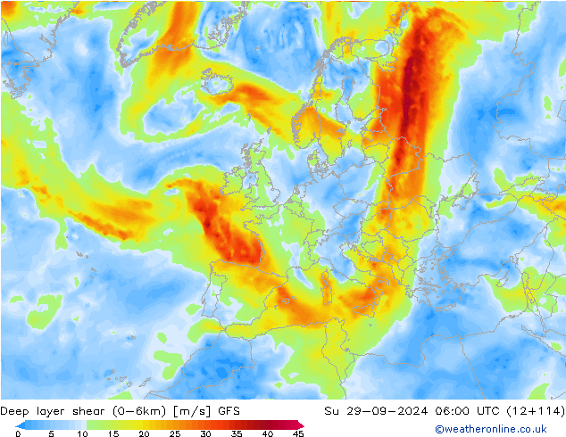 Deep layer shear (0-6km) GFS Ne 29.09.2024 06 UTC