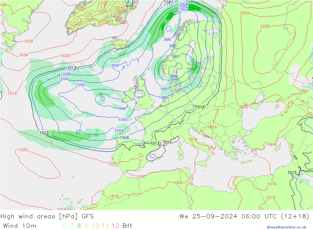 High wind areas GFS mié 25.09.2024 06 UTC