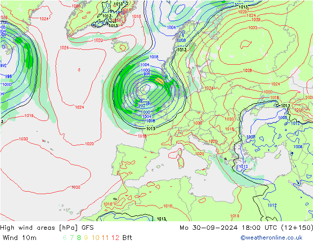 High wind areas GFS lun 30.09.2024 18 UTC