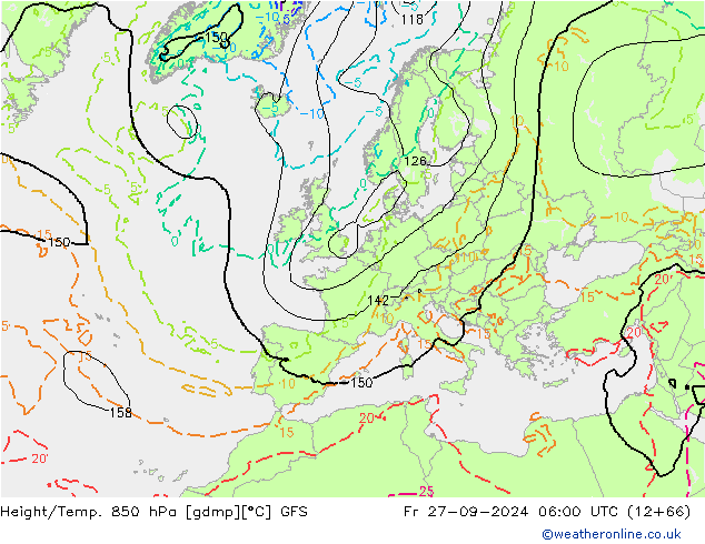 Height/Temp. 850 hPa GFS Pá 27.09.2024 06 UTC