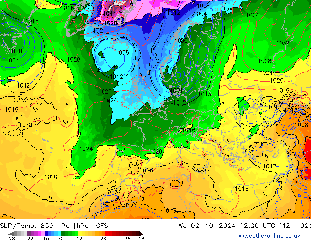 SLP/Temp. 850 гПа GFS ср 02.10.2024 12 UTC