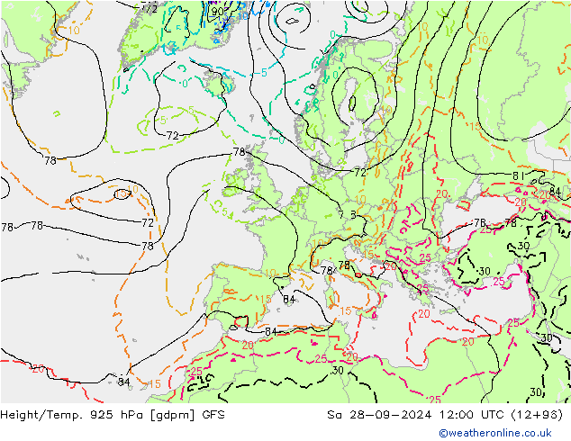 Géop./Temp. 925 hPa GFS sam 28.09.2024 12 UTC