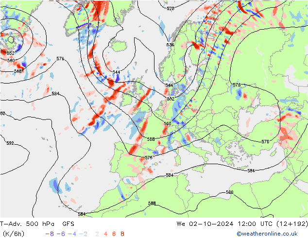 T-Adv. 500 hPa GFS mer 02.10.2024 12 UTC