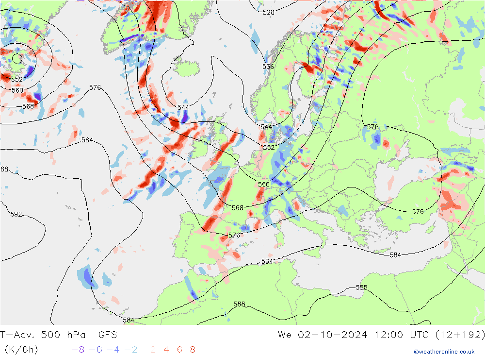 T-Adv. 500 hPa GFS Qua 02.10.2024 12 UTC