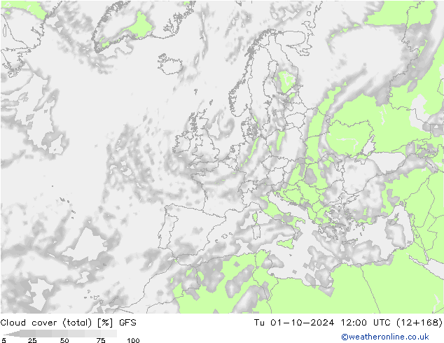 Cloud cover (total) GFS Tu 01.10.2024 12 UTC