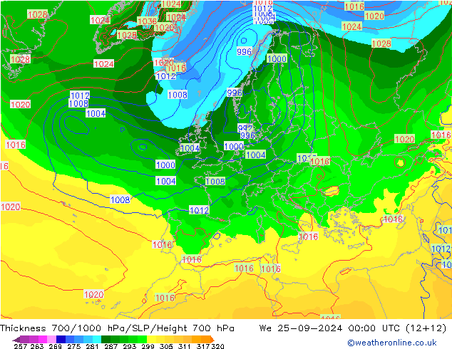 Schichtdicke 700-1000 hPa GFS Mi 25.09.2024 00 UTC