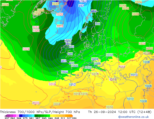 Thck 700-1000 hPa GFS jeu 26.09.2024 12 UTC