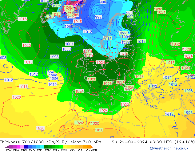 Thck 700-1000 hPa GFS Su 29.09.2024 00 UTC