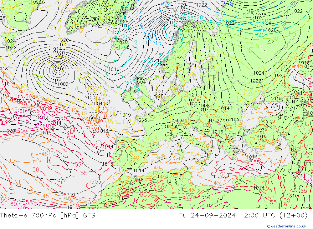 Theta-e 700hPa GFS Di 24.09.2024 12 UTC