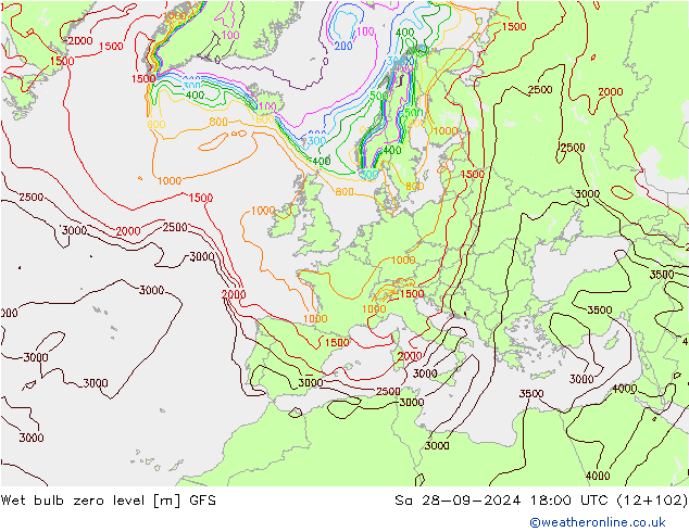 Wet bulb zero level GFS So 28.09.2024 18 UTC