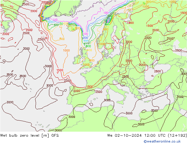 Wet bulb zero level GFS We 02.10.2024 12 UTC