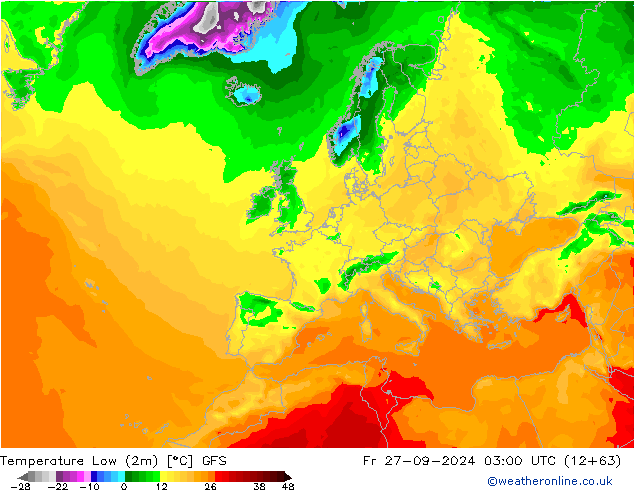 température 2m min GFS ven 27.09.2024 03 UTC