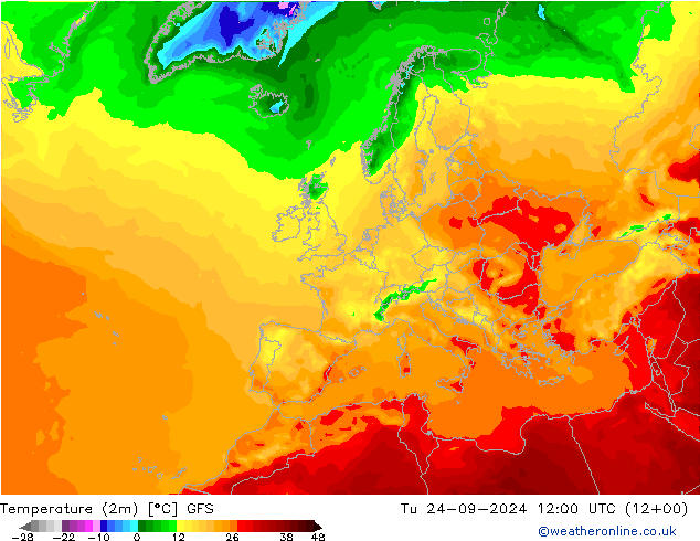 Temperatura (2m) GFS mar 24.09.2024 12 UTC