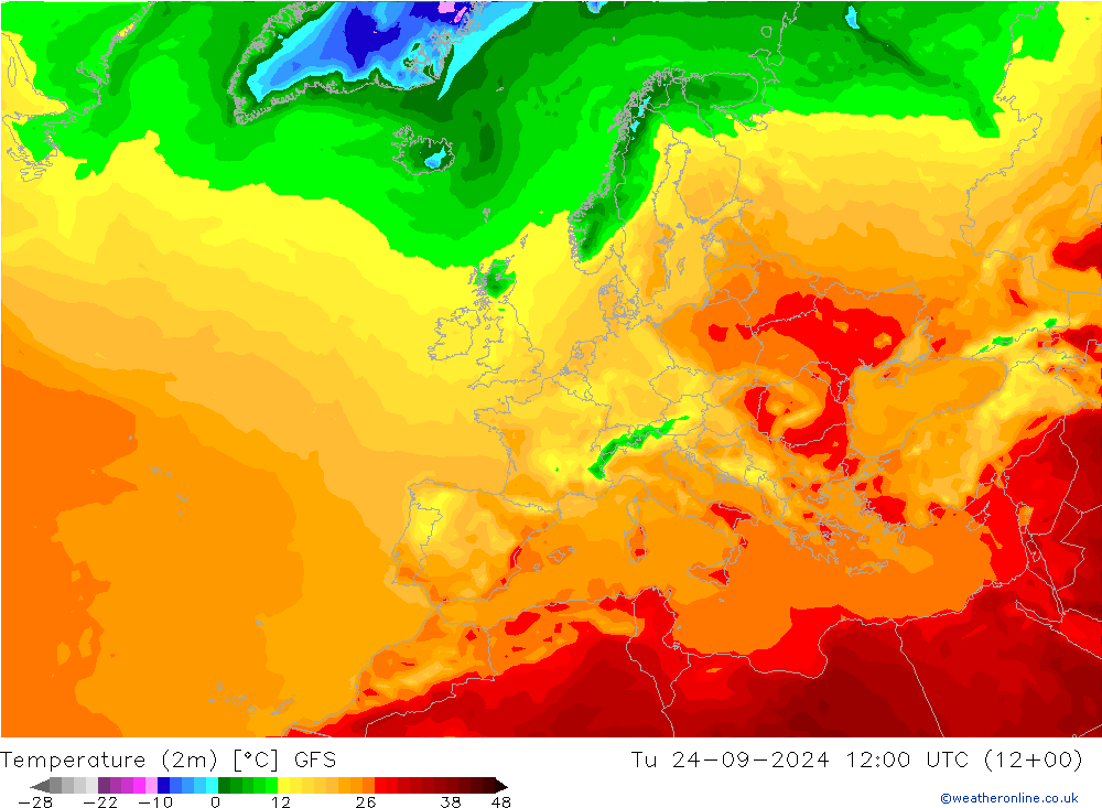 Temperature (2m) GFS Tu 24.09.2024 12 UTC