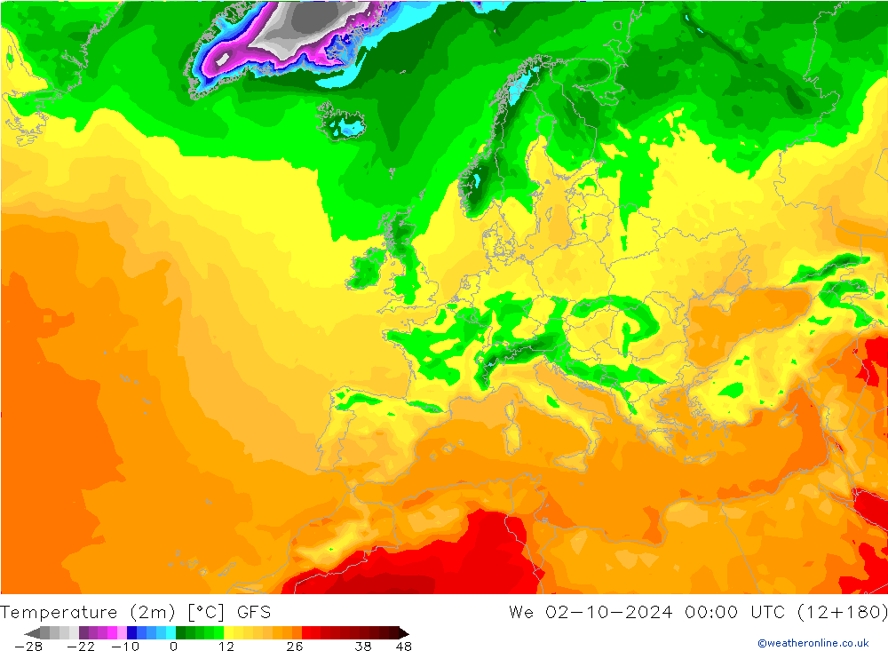 Temperature (2m) GFS We 02.10.2024 00 UTC