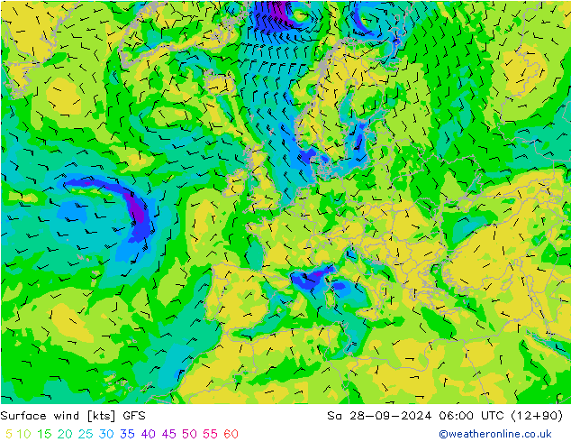 Surface wind GFS So 28.09.2024 06 UTC