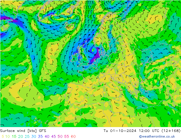 Vent 10 m GFS mar 01.10.2024 12 UTC