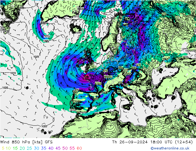 Wind 850 hPa GFS Th 26.09.2024 18 UTC