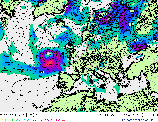 Wind 850 hPa GFS zo 29.09.2024 06 UTC