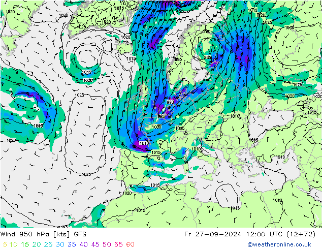 Vento 950 hPa GFS ven 27.09.2024 12 UTC