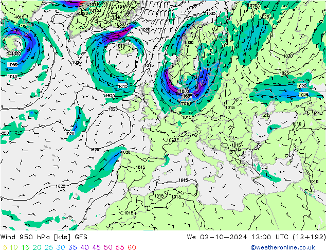 Wind 950 hPa GFS We 02.10.2024 12 UTC