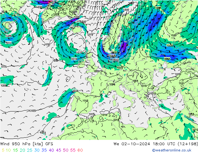 Wind 950 hPa GFS We 02.10.2024 18 UTC