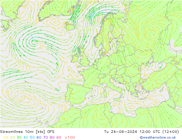 Ligne de courant 10m GFS mar 24.09.2024 12 UTC