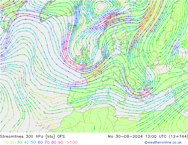 Streamlines 300 hPa GFS Po 30.09.2024 12 UTC