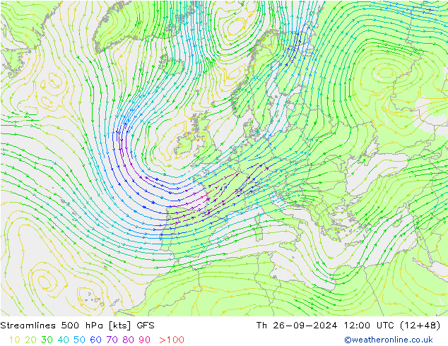 Línea de corriente 500 hPa GFS jue 26.09.2024 12 UTC