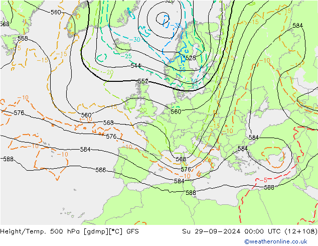 Z500/Rain (+SLP)/Z850 GFS  29.09.2024 00 UTC