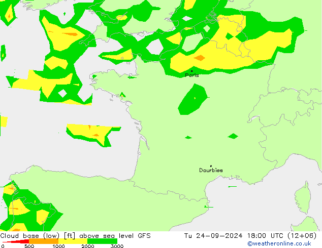 Cloud base (low) GFS вт 24.09.2024 18 UTC