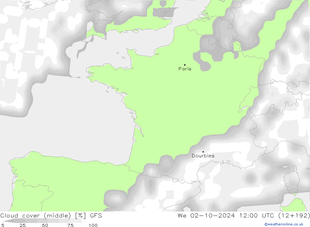 Cloud cover (middle) GFS We 02.10.2024 12 UTC