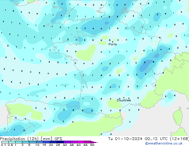 Nied. akkumuliert (12Std) GFS Di 01.10.2024 12 UTC