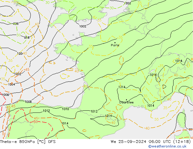 Theta-e 850hPa GFS mer 25.09.2024 06 UTC