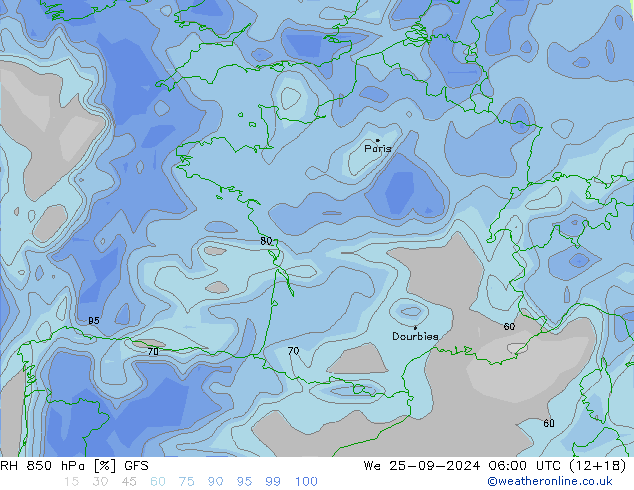 RH 850 hPa GFS We 25.09.2024 06 UTC