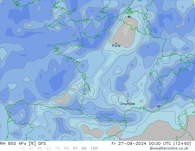 RH 850 hPa GFS Fr 27.09.2024 00 UTC