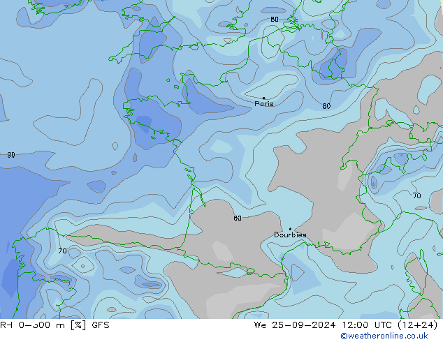 RH 0-300 m GFS ср 25.09.2024 12 UTC