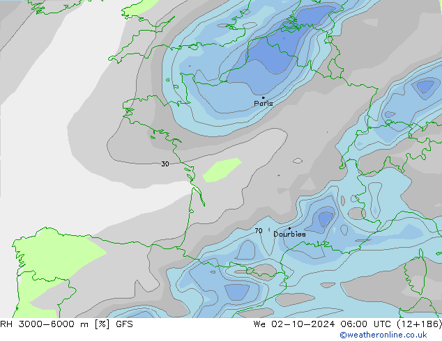 Humidité rel. 3000-6000 m GFS mer 02.10.2024 06 UTC