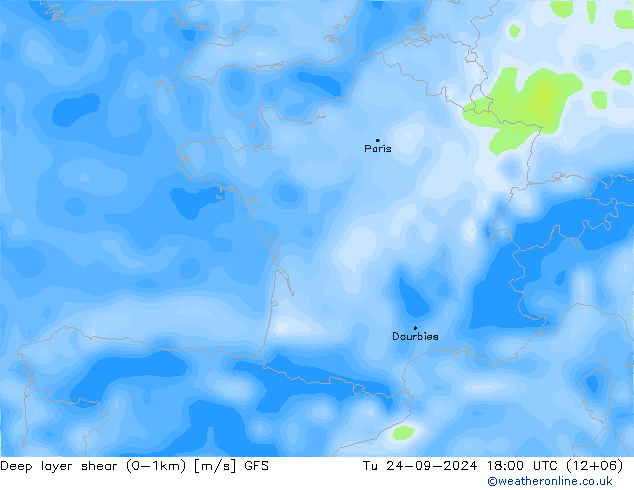 Deep layer shear (0-1km) GFS  24.09.2024 18 UTC