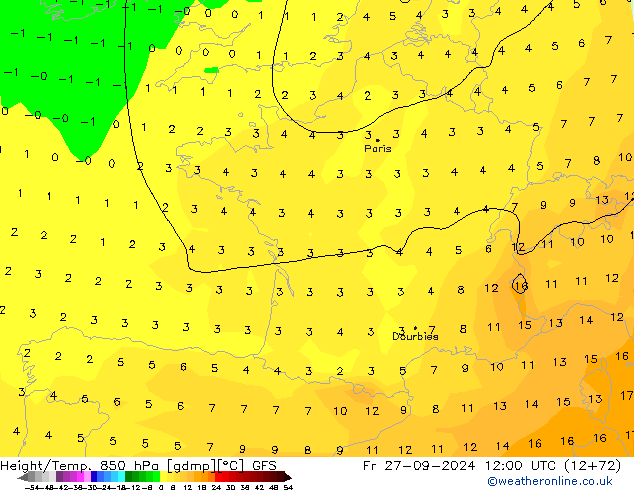 Geop./Temp. 850 hPa GFS vie 27.09.2024 12 UTC