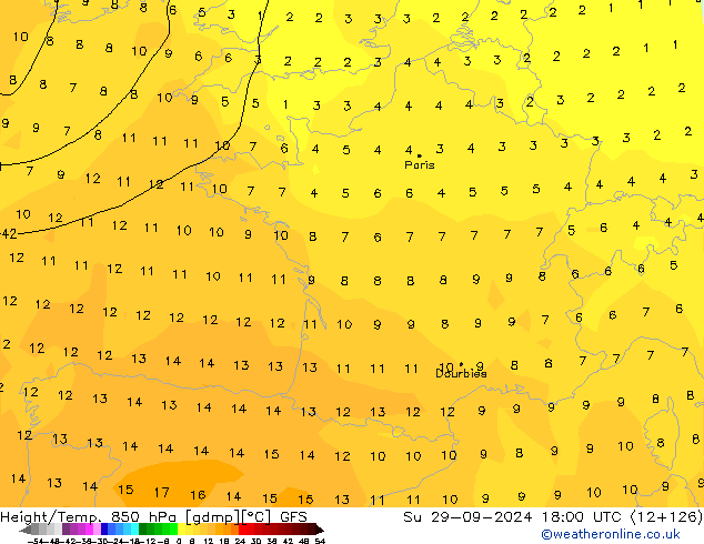 Hoogte/Temp. 850 hPa GFS zo 29.09.2024 18 UTC