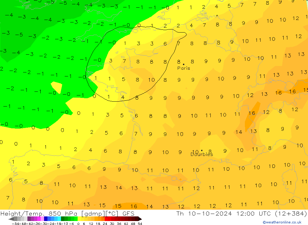 Hoogte/Temp. 850 hPa GFS do 10.10.2024 12 UTC