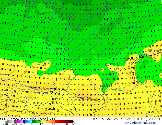 SLP/Temp. 850 hPa GFS Mi 25.09.2024 12 UTC