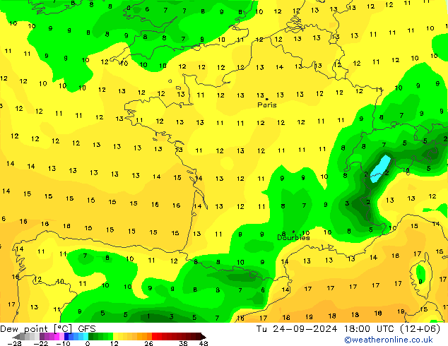 Point de rosée GFS mar 24.09.2024 18 UTC