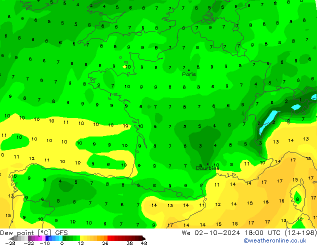 Dew point GFS We 02.10.2024 18 UTC