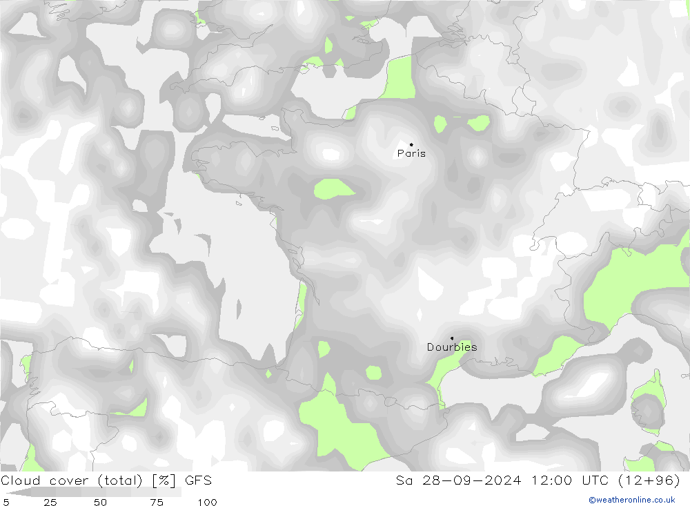 Cloud cover (total) GFS Sa 28.09.2024 12 UTC