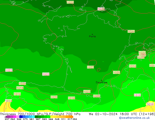 Thck 700-1000 hPa GFS mer 02.10.2024 18 UTC