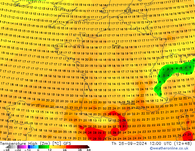 Temp. massima (2m) GFS gio 26.09.2024 12 UTC