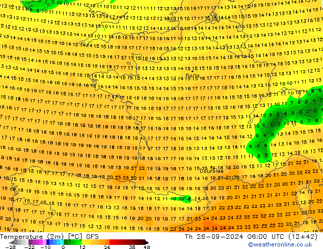 Temperaturkarte (2m) GFS Do 26.09.2024 06 UTC