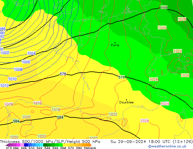 Espesor 500-1000 hPa GFS dom 29.09.2024 18 UTC